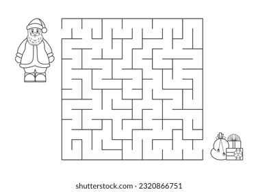 Vector illustration. Children's Christmas maze. Help Santa Claus find the way to the gifts