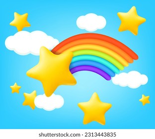 Vector illustration of children's clay scene with rainbow, clouds and stars. Blue background with fluffy white plastic clouds. Used for Summer weather and climate forecasts, kids cards and banners