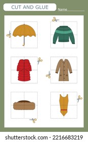 Ilustración vectorial de la ropa de los niños sin el elemento deseado. juego de papel para el desarrollo de preescolares