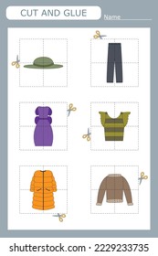 Vektorgrafik von Kinderbekleidung ohne das gewünschte Element. Papierspiel zur Entwicklung von Vorschulern
