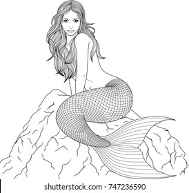 Vector illustration, children's coloring, beautiful mermaid sits on a stone
