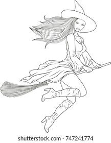 Vector illustration, children's coloring, beautiful witch flies on a broom, on a halloween