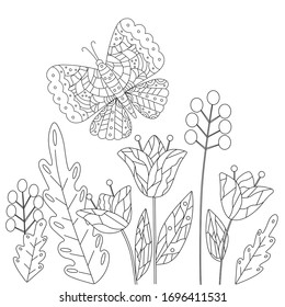 Ilustración vectorial, libro de colorear infantil con mariposa y flores, página cuadrada. Completo y abstracto adorno, líneas negras, boceto, Doodle.