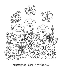 Vector Illustration, Kinderfarbbuch mit Schmetterling und Blumen, quadratische Seite. Cute und abstrakte Ornamente, schwarze Linien, Skizze, Doodle.