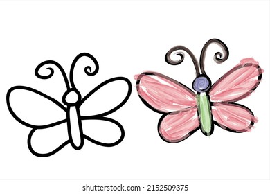Vector illustration of children's coloring book. Symbol of animal and butterfly.