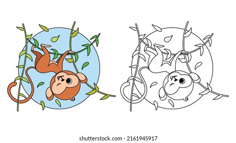 Vector illustration of children's coloring book or page on white background. Funny monkey characters climb a liana for a design poster, print, greeting card, label, sticker in a cartoon.