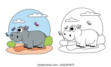 Vector illustration of children's coloring book or page on white background. Funny hippo characters around butterflies for a design poster, print, greeting card, label, patch or sticker in a cartoon.