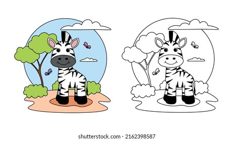 Vector illustration of children's coloring book or page on white background. Funny zebra characters around butterflies for a design poster, print, greeting card, label, patch or sticker in a cartoon.