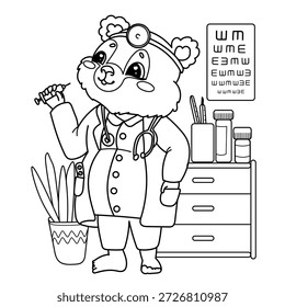 Ilustración vectorial de libros para colorear para niños sobre profesiones. Médico de oso lineal