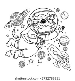 Ilustración vectorial de libros para colorear para niños sobre profesiones. Cosmonauta de vaca lineal