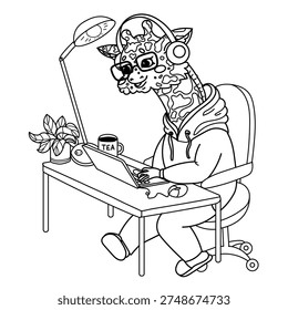 Vector illustration children's coloring book about professions. Linear giraffe IT specialist	