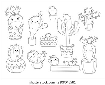 Ilustración vectorial niños colorear la página con cactús lindos. Esquema sobre un fondo blanco.