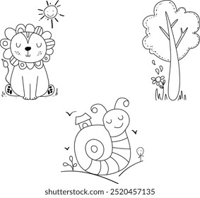 Vector illustration of children's coloring pages. simple linear pictures for a cute children's book. art. beautiful nature and animals, lion, tree, snail