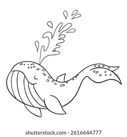 Vector illustration of children's coloring pages sea animals. Cute whale with a fountain smiling cartoon sea animal. Simple funny kid's drawing. Black lines, sketch on a white background.