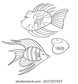 Vector illustration of children's coloring pages sea animals. Cute fish smiling cartoon sea animal. Simple funny kid's drawing. Black lines, sketch on a white background.
