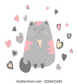 Vector illustration, children's cover, cat, cat, pets, with hearts, for the design of children's prints, clothes, valentine's day, valentine's day, love.EPS10.