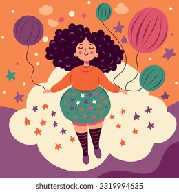 Ilustración vectorial ilustración de una niña linda con globos de estilo plano Chica feliz sonriente niña feliz estilo plana felicitación postal