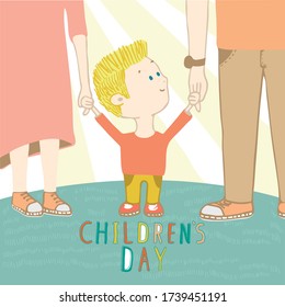 Vector illustration for children's day in a flat cartoon style is good. Happy family, father, mother and child. A hand-drawn character. Postcard, banner, poster design element.