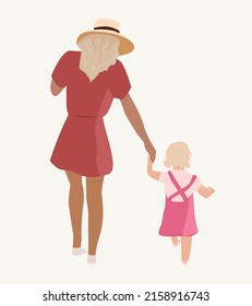 Vector illustration for Children's Day. A girl in a red dress holds the child's hand. A small child is walking with his mother. First steps. Baby's birthday card. A little girl holds her mother's hand