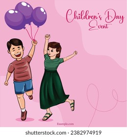 Vector illustration Children's Day. A kindergarten student and a teacher in a park with a rainbow.
