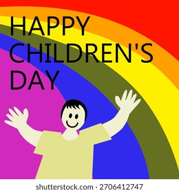 Ilustración vectorial para el Día del Niño. Arco iris en el fondo y en primer plano un niño alegre con los brazos extendidos sobre su cabeza. Inscripción: "Feliz Día del Niño".