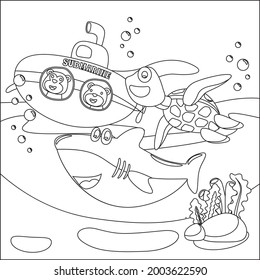 Vector illustration for children's design, submarine with cute sailor and shark. Creative vector Childish design for kids activity colouring book or page.