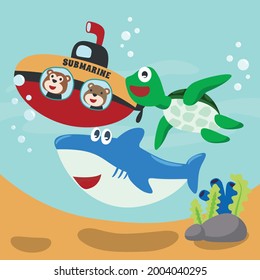 Vector illustration for children's design, submarine with cute sailor, turtle and shark. Can be used for t-shirt printing, children wear fashion designs and other decoration.