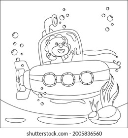 Vector illustration for children's design, submarine with cute sailor under sea. Creative vector Childish design for kids activity colouring book or page.