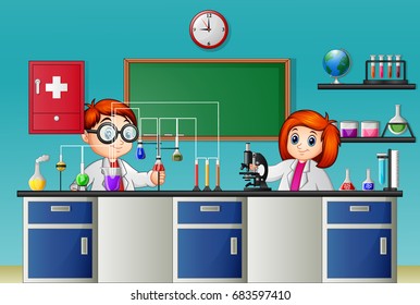 Cartoon Boy Doing Chemical Experiment Laboratory Stock Illustration 