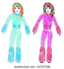Vector illustration. Children's drawing by felt pens. Brunette in pink ski suit and a red-haired girl in a blue ski suit