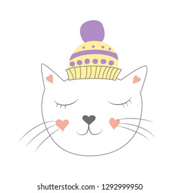 Vector illustration. Children's drawing handmade. Illustration for print, blank, card, pattern, poster and other. Cute animals. Cat in a hat.