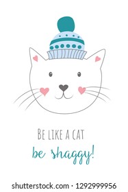Vector illustration. Children's drawing handmade. Illustration for print, blank, card, pattern, poster and other. Cute animals. Cat in a hat.