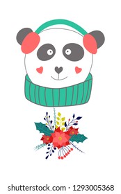 Vector illustration. Children's drawing handmade. Illustration for print, blank, card, pattern, poster and other. Lovely animals. Panda with headphones and sweater. Winter illustration.