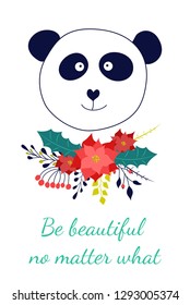 Vector illustration. Children's drawing handmade. Illustration for print, blank, card, pattern, poster and other. Lovely animals. Panda with headphones and sweater. Winter illustration.