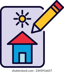 Vector illustration of children's drawing icon. Paper drawing of a house. Art activities for children.