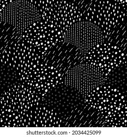 Vector illustration. Children's drawing. Spotted black and white background. Geometric abstract pattern of hand-drawn shapes. Filled and linear organic forms.