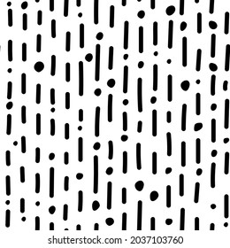 Vektorgrafik. Kinderzeichnung. Schwarz-weißer Hintergrund. Striptes nahtloses Muster. Geometrisches abstraktes Muster handgezeichneter Formen. Runde und lineare organische Formen.