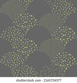 Ilustración vectorial. Dibujo infantil. Fondo gris y verde visto. Patrón geométrico abstracto de formas dibujadas a mano. Formas orgánicas llenas y lineales.