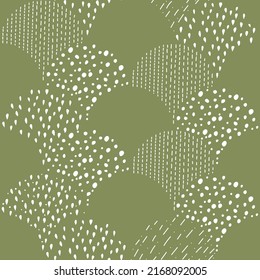 Ilustración vectorial. Dibujo infantil. Fondo verde y blanco visto. Patrón geométrico abstracto de formas dibujadas a mano. Formas orgánicas llenas y lineales.