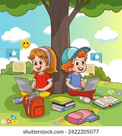 Vector Illustration of Children's Education. Children using tablets and phones. Use of technology in education. social media and children.