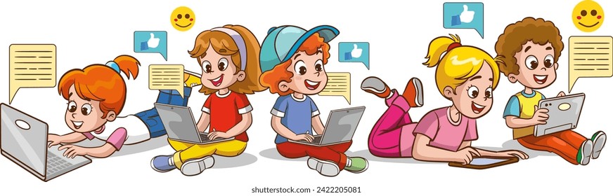 Vector Illustration of Children's Education. Children using tablets and phones. Use of technology in education. social media and children.