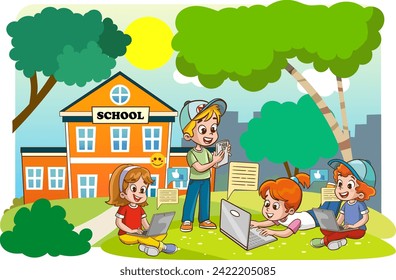 Vector Illustration of Children's Education. Children using tablets and phones. Use of technology in education. social media and children.