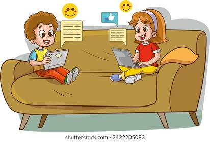 Vector Illustration of Children's Education. Children using tablets and phones. Use of technology in education. social media and children.