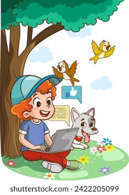 Vector Illustration of Children's Education. Children using tablets and phones. Use of technology in education. social media and children.