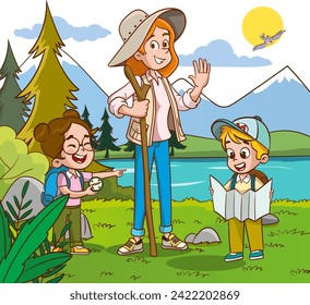 Vector Illustration of Children's Education. Scout students camping. students studying with teacher in nature cartoon vector