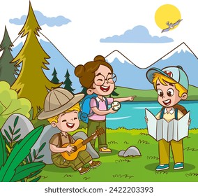 Vector Illustration of Children's Education. Scout students camping. students studying in nature cartoon vector