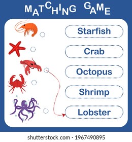 vector illustration with a children's educational game with underwater sea inhabitants. Connect the image and the desired word