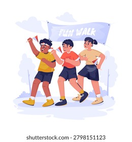 Vector illustration of childrens enjoying a fun walk activity during Independence Day celebration, Represents friendship, healthy living, community participation, Cartoon style