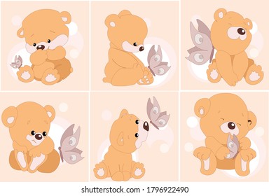 vector illustration of children's fairy bears with a butterfly in different poses