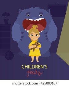 Vector illustration of children's fears of darkness and monsters, poster design, concept for banners